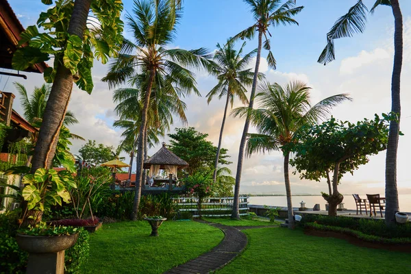 Bella Vista Sul Bungalow Tropicale Nel Giardino Verde Con Palme — Foto Stock