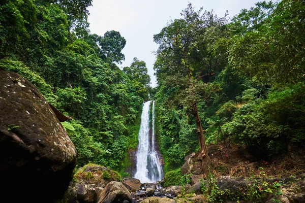 Bela Cachoeira Floresta Tropical Verde Vista Água Caindo Com Respingo — Fotografia de Stock