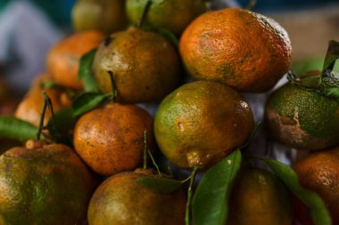 Mandalina (portakal, mandalina, clementines, narenciye) yerel piyasada sepette yaprakları ile. Doğal gıda. Sağlıklı beslenme, biyo ve organik gıda. Seçici odak.