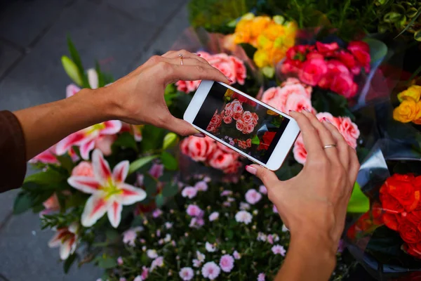 Instagram photographer blogging workshop concept. Close up women\'s hands holding phone and taking photo of stylish flowers. Colorful flowers on the street market. Space for text. Selective focus.