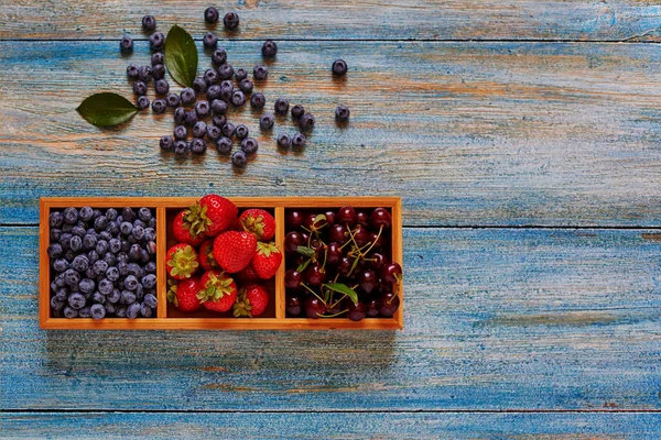 Assorted Summer Berries Light Wooden Box Cells Blueberries Strawberries Cherries — Stock Photo, Image