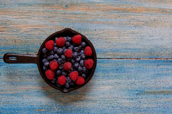 Group Ripe Juicy Organic Berries Blue Rustic Table Delicious Nature — Stock Photo, Image