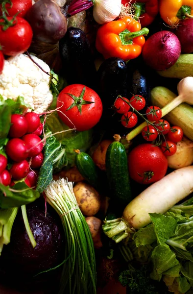 Sağlıklı ve vejetaryen gıda arka plan. Farklı raw, taze ve organik biyo sebze. Bahçeden taze hasat. Bahar, yaz ve sonbahar çiftçi hasat. Kırsal natürmort. Yaşam tarzı kavramı.