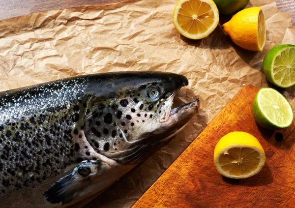 Balık tutma geziden döndü kocası eve büyük bir karkas taze somon getirdi. limon ve kireç Marine balık pişmiş karısı