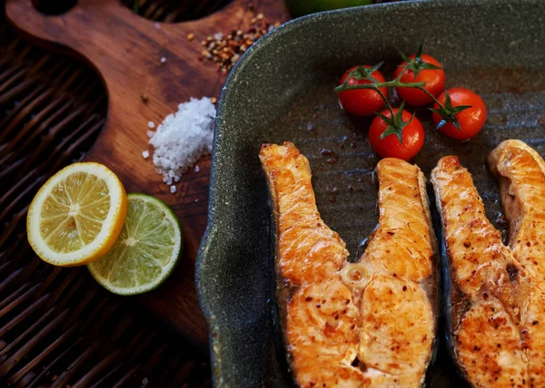Healthy Food Hot Baked Salmon Piece Served Iron Pan Wooden — Stock Photo, Image