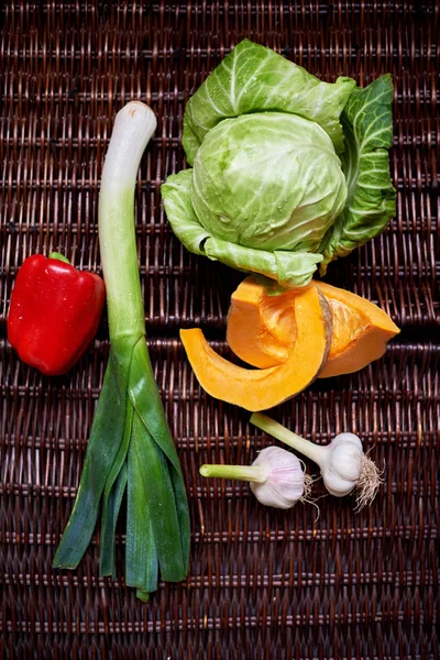 Composition Fresh Vegetables Cabbage Onion Red Pepper Pumpkin Garlic All — Stock Photo, Image