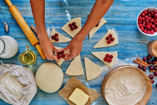 Girl Assisent Cook Gently Lay Puff Pastry Cherries Pitted Dough — Stock Photo, Image