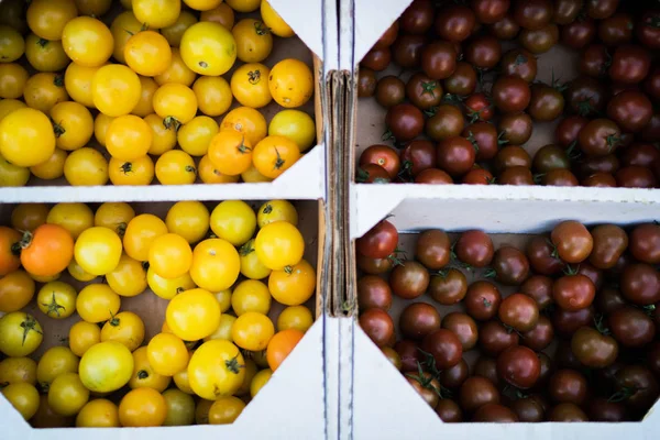 Local produce at the autumn farmers market in the city. Tomatoes on the counter. Fresh organic produce on sale at the local farmers market. Organic, agriculture products. Freshly, seasonal harvested.