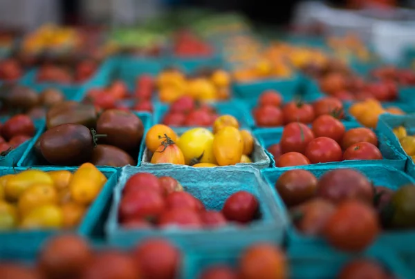 카운터에 유기농 토마토의 파인트 바구니 농산물 시장에서 판매되는 신선한 유기농 — 스톡 사진
