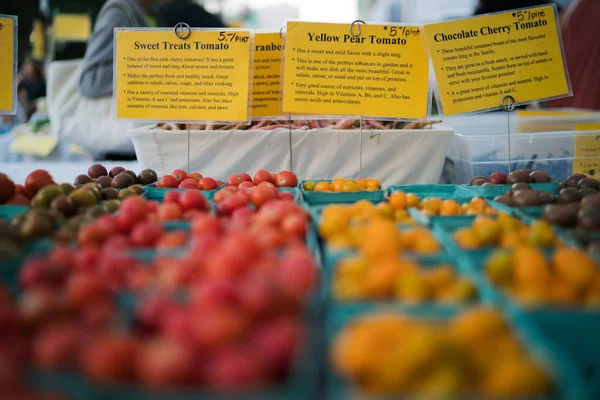カウンターに有機赤トマトのパイントバスケット 地元の農家市場で販売されている新鮮な有機農産物 有機農産物季節の収穫野菜 バイオ — ストック写真