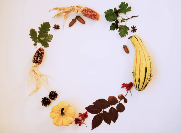 Wreath made of pumpkin, autumn berries, dried leaves, acorn, pine cones, anise staron pastel background. Autumn concept. Flat lay, top view, copy space. Toned image. Vintage style. Autumn background.