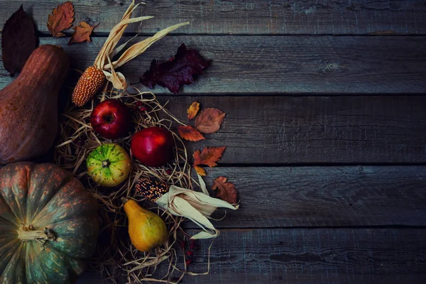 Herbst Hintergrund Mit Herbstblättern Roten Äpfeln Mais Und Kürbissen Herbsternte — Stockfoto