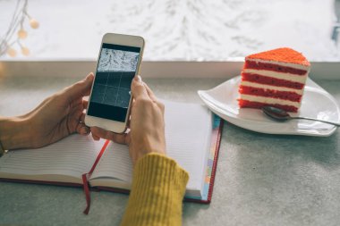 Kışın rahat bir kafe atmosferi. Dizüstü bilgisayar ve pasta ile masada akıllı telefon kullanarak Kadın freelancer 