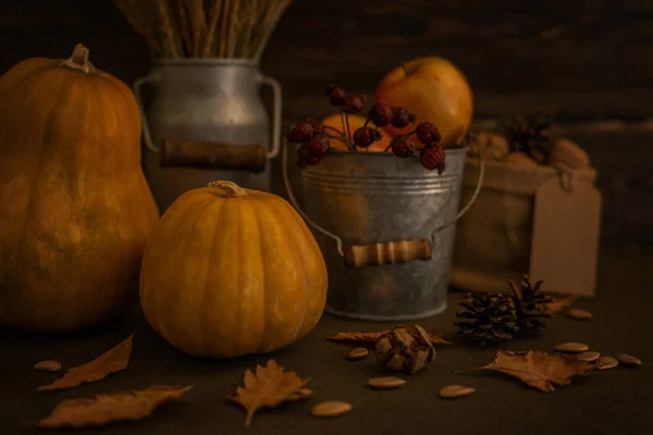 Beautiful autumn cozy still life. Pumpkins, autumn leaves, apples and ears of wheat on wooden background. Vintage decorative background with fall vegetables. Harvest time concept. Soft focus. Toned image.