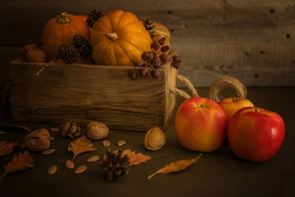 Nourriture Biologique Légumes Fruits Frais Dans Une Vieille Boîte Sur — Photo