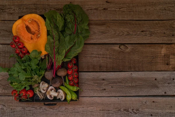 Autumn concept with seasonal vegetables for Thanksgiving Day. Fresh vegetables on dark table. Healthy eating. Squash, bell peppers and onions. Recipes or menu card. Flat lay, copy space. Toned image.