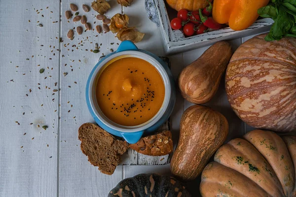 Bowl Pumpkin Organic Soup Cream Pumpkin Seeds Gray Background Dietary — Stock Photo, Image