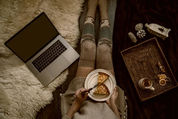 Girl Holding Plate Christmas Cake Relaxing Home Drinking Cacao Using — Stock Photo, Image