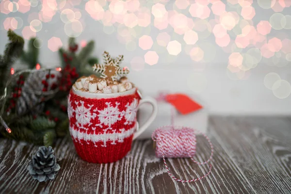 Xícara Quente Cacau Café Com Marshmallows Pão Gengibre Inverno Conceito — Fotografia de Stock