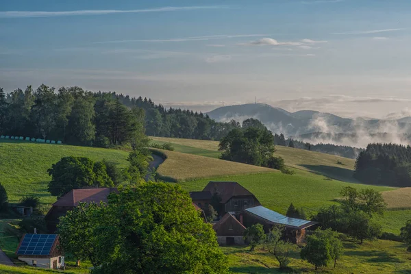 黑森林日出在雾状的针叶树和绿色的草地上 美丽的乡村山景与村庄 自然景观 德国巴登 符腾堡的穆伦巴赫村 — 图库照片