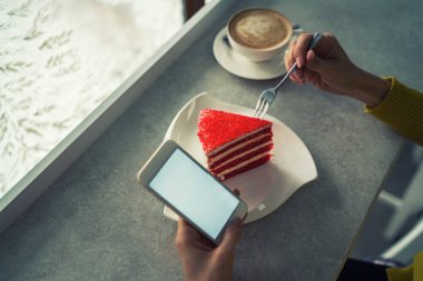 Kafede kek ile kapuçino fincan. Sıcak içecek. Kışın rahat bir kafe atmosferi. Kahve zamanı konsepti. Kadın serbest çalışan e-posta kontrol ederken içecek zevk. Tonlu görüntü. Seçici odaklama.
