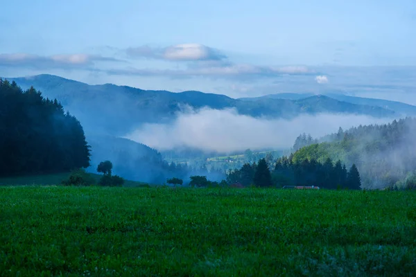 Wczesny Wschód Słońca Rano Mgła Wzgórzach Łąki Górzysty Krajobraz Niebieskiej — Zdjęcie stockowe