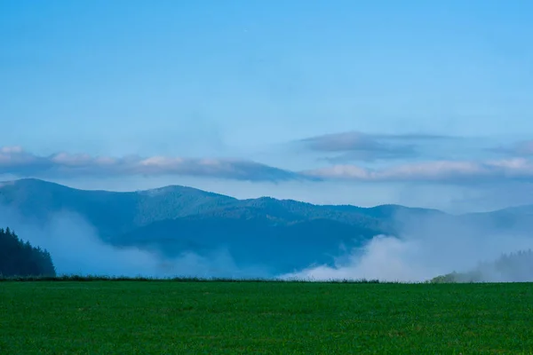 Early Sunrise Morning Mist Meadow Hills Hilly Landscape Blue Haze — Stock Photo, Image