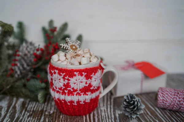 Warm Cup Cacao Coffee Marshmallows Gingerbread Winter Holidays Concept Christmas — Stock Photo, Image