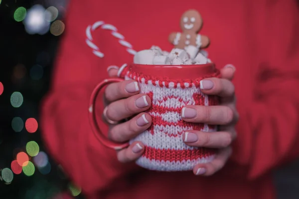 Woman Holding Winter Cup Close Blurred Lights Background Cozy Mug — Stockfoto