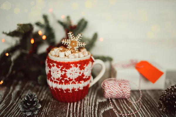 Warme Tasse Kakao Oder Kaffee Mit Marshmallows Und Lebkuchen Winter — Stockfoto