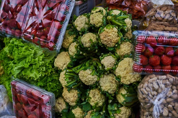 Asian food ingredients corner. Organic fresh agricultural product at farmer market. Fruit and vegetable.