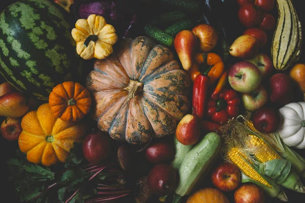 Fondo Alimentario Ecológico Diferentes Frutas Verduras Imagen Tonificada Vintage — Foto de Stock