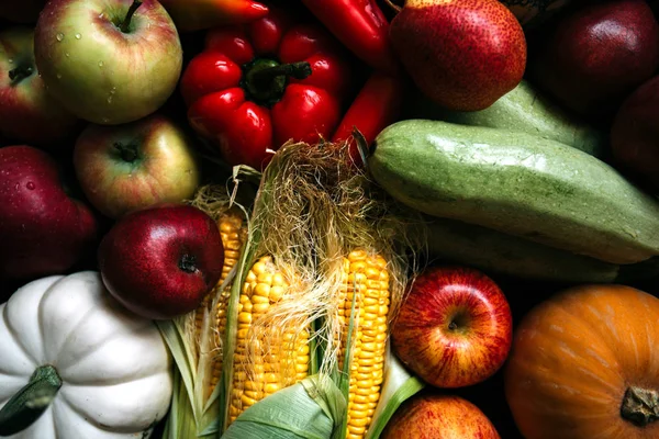 五颜六色的水果和蔬菜背景 收获背景 复古色调图像 — 图库照片