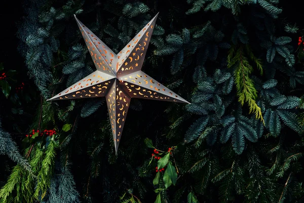 Fondo Navidad Año Nuevo Abeto Pino Abeto Ramas Con Estrella — Foto de Stock