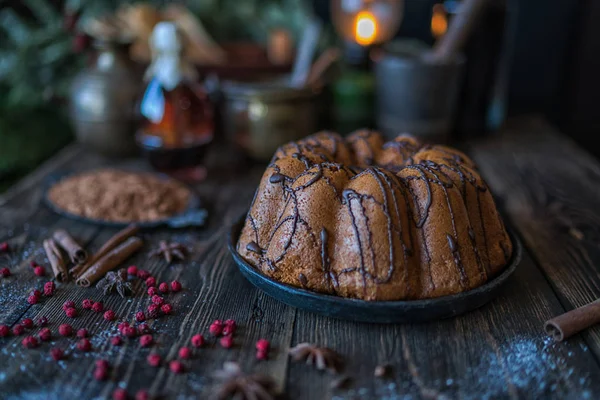 Holiday Cake Wooden Table Berry Spice Chocolate Rustic Home Kitchen — Stock Photo, Image