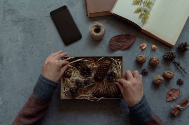 Eski kitap, kurutulmuş çiçekler ve düşmüş yaprakları, kuru yaprakları ve gri arka plan üzerinde ip. Sonbahar, sonbahar konsepti. Hediyeleri hazırlıyorum. Kadın elleri bir kutu tutuyor. Üst te. Düz yatıyordu. Tonlu görüntü.