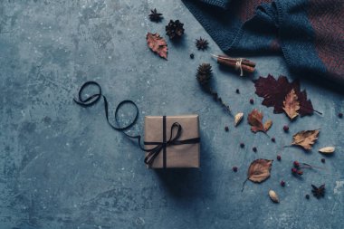 Vintage renk sonbahar natürmort. Kahverengi sadan kurdele ile Hediye kutusu, sonbahar yaprakları, tarçın çubukları, anason yıldız, fındık ve gri arka plan üzerinde köknar konileri. Düz döşeme, üst görünüm, kopyalama alanı. Tonlu görüntü.