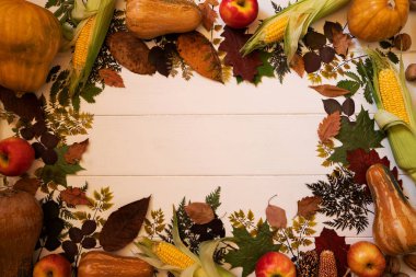 Sonbahar yaprakları, kırmızı elma, Mısır, ceviz ve kabaklar eski ahşap zemin ile çerçeve kompozisyon. Sonbahar doku. Arka plan doğa Eylül ve Ekim. Alan, üstten görünüm kopyalayın. Tonda fotoğraf.