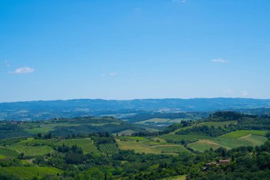 Üzüm bağlarının güzel manzarası. Yaz sezonunda Chianti bölgesi. San Gimignano kırsal ve chianti vernaccia üzüm bağları görünümü. Toskana, İtalya, Avrupa. Yaz, tatil, seyahat konsepti.