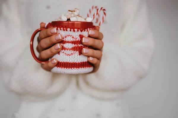 Woman Holding Winter Cup Close Blurred Lights Background Cozy Mug — Stock Photo, Image