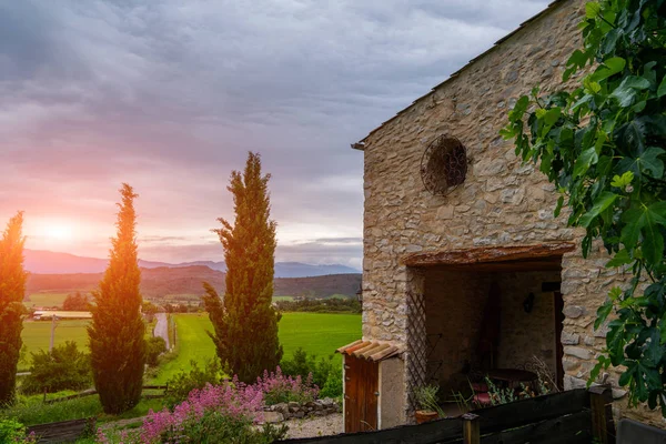 Facade with flowers of old French house. Picturesque typical french rural house decorated with green plants and flowers. Garden with colorful plants in summer sunrise season.