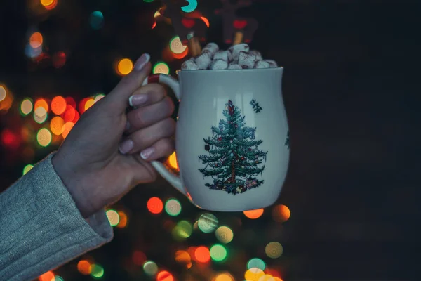 Woman Drinking Hot Tea Coffee Festive Cup Girl Enjoying Winter — Stock Photo, Image