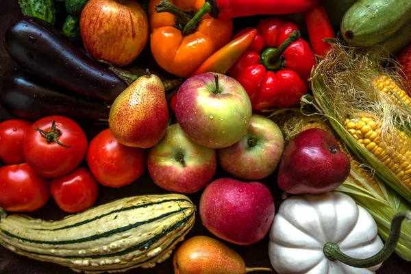Bioélelmiszerek Háttér Különböző Gyümölcsök Zöldségek — Stock Fotó