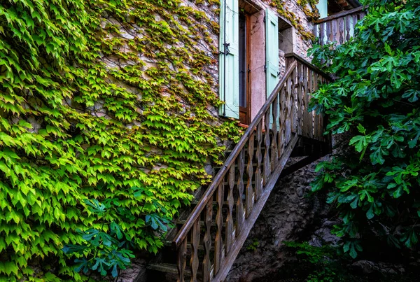 The green creeper plant on the wall. Charming of old aged building made of red stone masonry with vintage wooden staircase decorated with green climbing plants. Old french cottage.