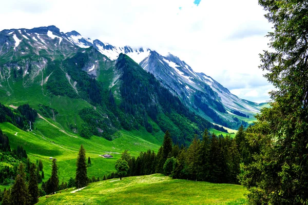 Альпийский Весенний Пейзаж Вершинами Покрытыми Снегом Облаками View Idyllic Mountain — стоковое фото