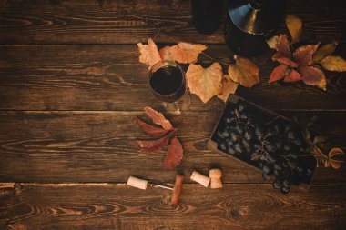 Köy mahzeninde ya da şarap barında şarap tatma deneyimi. Kırmızı şarap kadehi ve ahşap arka planda mükemmel şarap koleksiyonu. Kopyalama alanı olan üst görünüm. Tonu ayarlanmış resim.