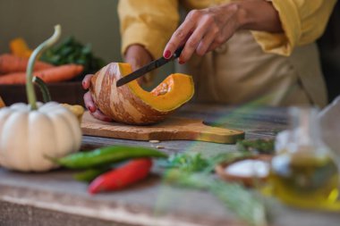 Sonbahar sebze pişirme hazırlık. Şükran Günü için koyu rustik arka plan üzerinde kabak, biber, kök sebze ve mantar maddeler. Yemek tarifleri veya menü.
