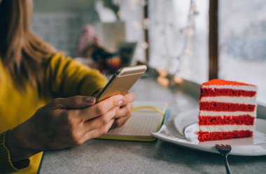 Kafede kek ile kapuçino fincan. Sıcak içecek. Kışın rahat bir kafe atmosferi. Kahve zamanı konsepti. Kadın serbest çalışan e-posta kontrol ederken içecek zevk. Tonlu görüntü. Seçici odaklama.