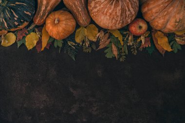 Sarı yaprakları, kırmızı elma ve kabak ile Sonbahar arka plan. Fotokopi alanı ile yaşlı ahşap sonbahar hasat sınırı. Sezonluk teklifler ve sonbahar yemekleri için maket, fotokopi alanı ile en iyi görünüm. Tonlu görüntü.