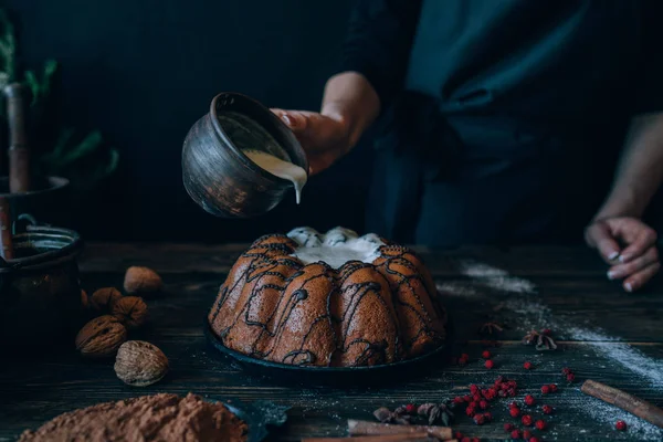 Hora Mágica Natal Fundo Cozimento Escuro Com Ingredientes Decorações Naturais — Fotografia de Stock